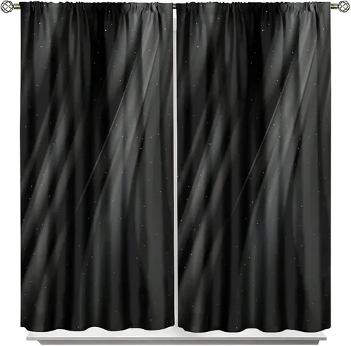 Vista 16 de Cortinas Negras con Dobladillo Dorado, Cortinas Opacas con Bolsillo para Barra con Estampado de Rayas de Foil en Onda Dorada para Decoración de Negro