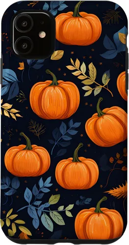 Vista 8 de iPhone 16 Calabazas y Hojas de Otoño Patrón Fondo Oscuro Caso