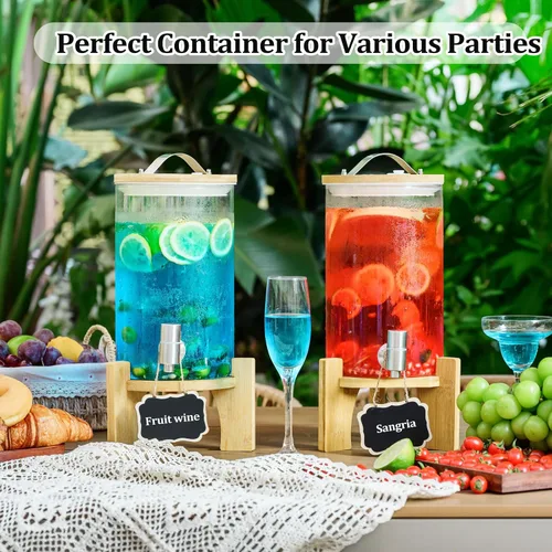 Vista 9 de Dispensador de bebidas de vidrio grande de 1.2 galones para fiestas, dispensador de bebidas con soporte de madera de bambú y grifo de acero
