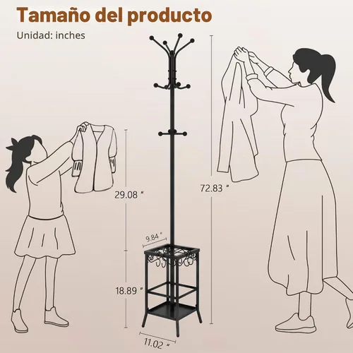 Vista 7 de Hoctieon Perchero independiente, Perchero con soporte para paraguas, perchero de metal con 12 ganchos, soporte para colgar abrigos de pie, soporte
