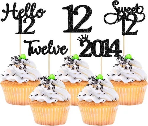 Vista 29 de Gyufise Paquete de 24 adornos negros para cupcakes de 10.º cumpleaños con purpurina negra 10 Ten Hello 10 Dights dobles desde 2015 para decoraciones