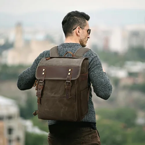 Vista 6 de Mochila vintage de lona encerada para hombres y mujeres, verde militar Mochila de viaje para computadora portátil, de piel auténtica