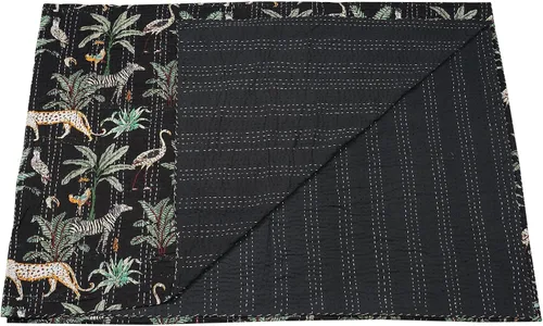 Vista 4 de Marubhumi Edredón tradicional indio de algodón puro con estampado de selva Kantha, funda de cama, colcha Kantha con estampado de animales, Negro
