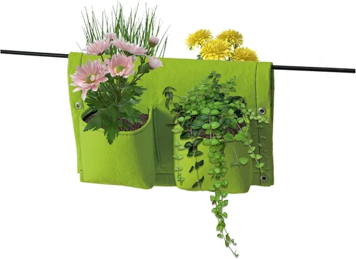 Vista 5 de VegTrug Jardinera de fieltro para balcón/riel, 4 bolsillos, color negro x3 Balcony rail planter, 4 pocket design, railing herb garden, flowers and