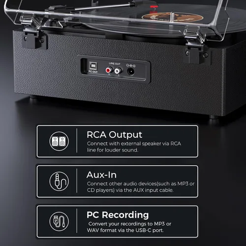 Vista 5 de Tocadiscos de vinilo Bluetooth, reproductor LP de 3 velocidades con altavoces, reproductor de discos retro para discos de vinilo, salida RCA AUX