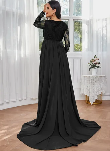 Vista 5 de ZIUMUDY Vestido de maternidad con cuello en V para fotografía de gasa, manga larga, con costuras de encaje, maxi vestido para baby shower