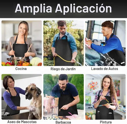 Vista 6 de Gotega Waterproof Rubber Apron Adjustable Dishwasher Apron Negro con 2 bolsillos