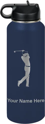 Vista 67 de LaserGram Botella de agua personalizada, golfista de golf, acero inoxidable de doble pared aislada al vacío con popote superior, regalo grabado Negro