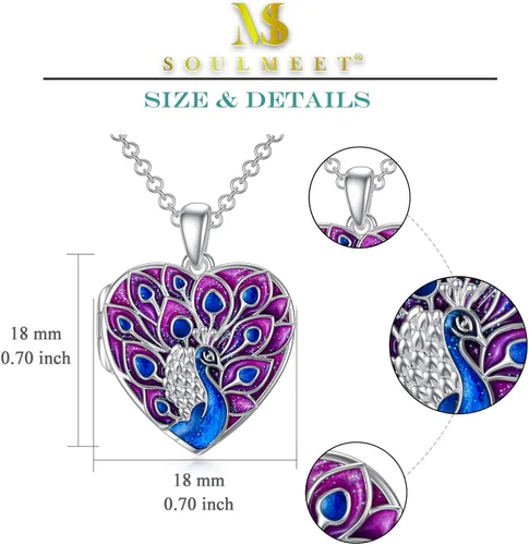 Vista 5 de SOULMEET Collar con medallón de mariposa de resina epoxi en forma de corazón, pavo real, colibrí, lotorosa que sostiene fotos fotos de plata de ley