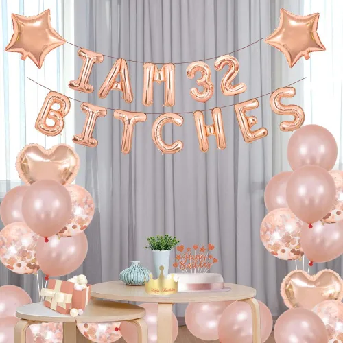 Vista 3 de Juego de fiesta de cumpleaños número 32, con texto en inglés "I am 32 Bitches" (Soy 32 Bitches), globos de confeti de oro rosa para niñas de 32 años