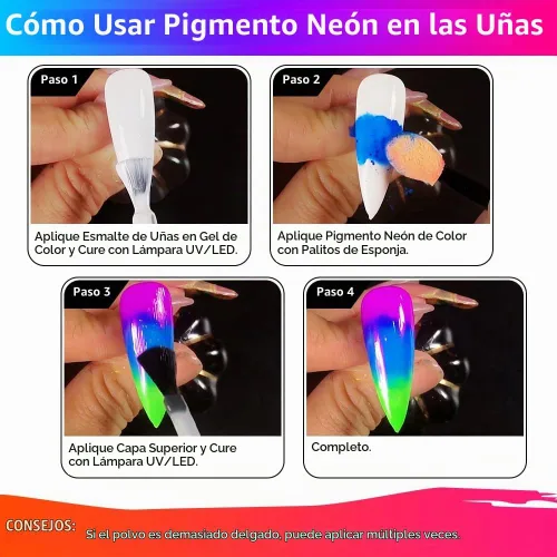 Vista 5 de Polvo de pigmento de neón, 12 colores fluorescentes del arco iris, arte de uñas 3D, maquillaje de Halloween