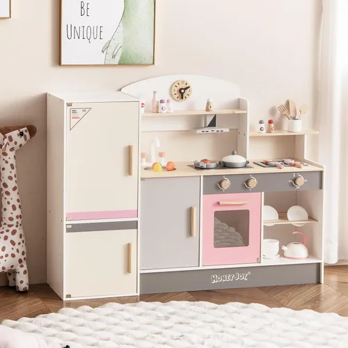 Vista 6 de HONEY JOY Juego de cocina para niños, cocina de madera 3 en 1 para niños pequeños, refrigerador y parrilla de barbacoa, campana extractora, estante