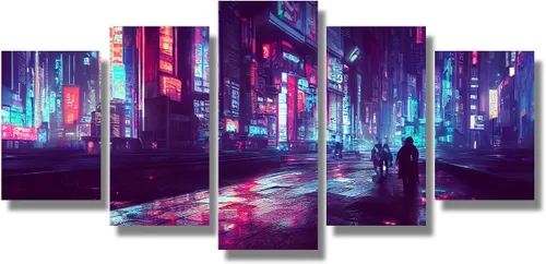 Vista 68 de Lienzo decorativo para pared, diseño de ciudad futurista Cyberpunk para sala de estar, impresión multipanel, obra de arte de cocina, pintura