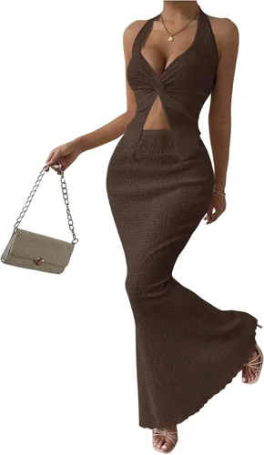 Vista 10 de SOLY HUX - Conjunto de dos piezas de verano para mujer, con parte superior tipo camisola con cuello halter, nudo frontal y falda marrón (Plain Brown)
