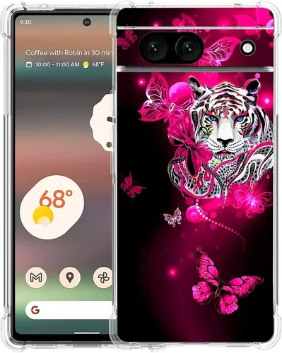 Vista 28 de Funda para Google Pixel 7a, diseño de mariposas azules, rosas, protección contra caídas, a prueba de golpes, TPU de cuerpo completo, resistente a