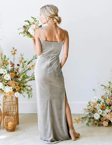 Vista 3 de Vestido de dama de honor de terciopelo con cuello vuelto para mujer, largo, moderno, formal, para invitada de boda, con abertura lateral, M005