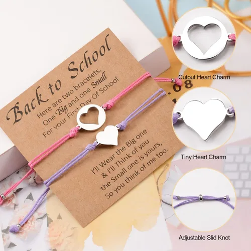 Vista 4 de YELUWA 2 Pcs Back to School Gift, First Day of School Gift, Lovely Charm Bracelets Set for DaughterSon from Mother Mommy and Me Jewelry with Gift