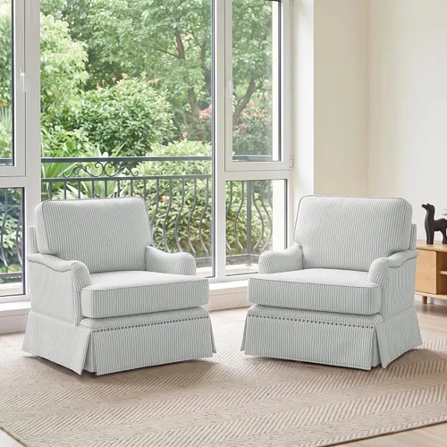 Vista 24 de Silla decorativa giratoria con otomana de almacenamiento, gris a rayas
