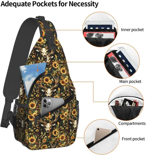 Vista 4 de Small Crossbody Bags for Women Men - Vintage Deer Skull Sunflowers Print Adjustable Shoulder Bag Fanny Packs Belt Sling Bag Crossbody Purses