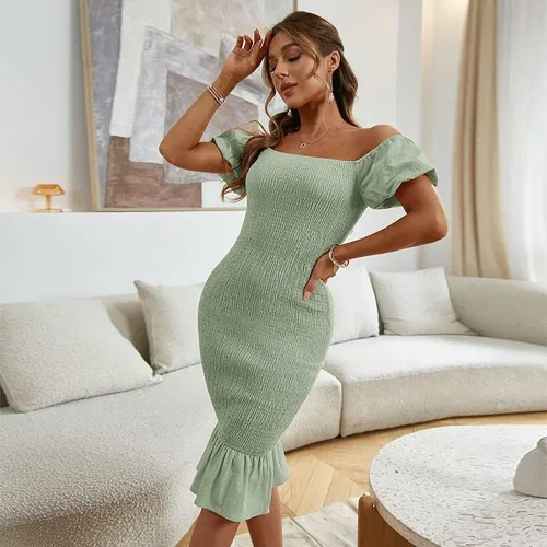 Vista 5 de BerryGo Vestido de sirena de manga corta abombada con hombros descubiertos para mujer, con volantes, fruncido, para fiesta, cóctel, vestido midi