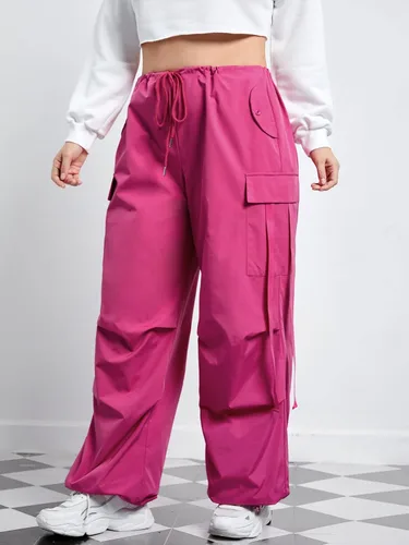Vista 4 de Floerns Pantalones cargo holgados de paracaídas de tiro alto con cordón y bolsillo con solapa para mujer