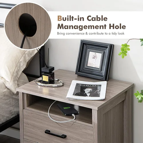 Vista 5 de Giantex Mesita de noche con 2 cajones, mesa auxiliar de madera con estante de almacenamiento abierto y agujero para cable, mesita de noche