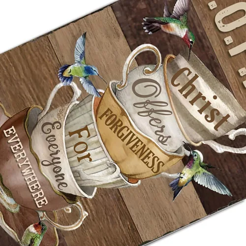 Vista 3 de Letrero de café para amantes del café, regalos de Cristo ofrece perdón para todos en todas partes, letrero de metal vintage para amigos, familia