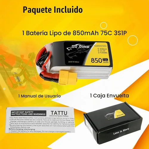 Vista 6 de TATTU 850mAh 11.1V 75C 3S LiPo Batería con XT60 Plug para Multirotor FPV 150 180 Tamaño Quadcopter
