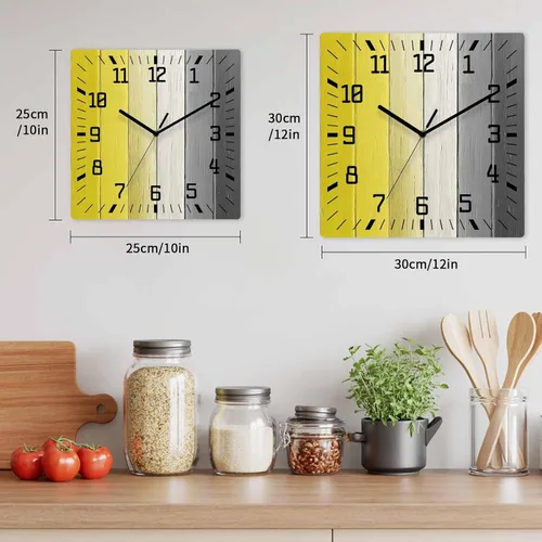 Vista 6 de Reloj de pared de madera amarillo negro blanco silencioso, sin tictac, color granja, reloj de pared cuadrado de madera degradado, funciona