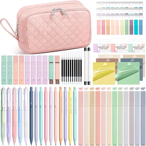 Vista 13 de 62 piezas de suministros escolares estéticos con lindo estuche de lápices, resaltadores en colores pastel, bolígrafos de gel de tinta negra, lápices