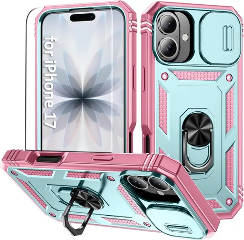 Vista 32 de Funda compatible con iPhone17 Pro con soporte, cubierta de cámara y protector de pantalla HD, doble capa a prueba de golpes, protección contra