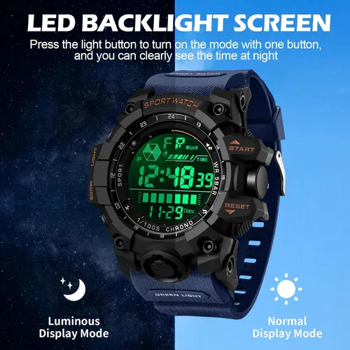 Vista 3 de Reloj militar digital para hombre, reloj de pulsera táctico, cronómetro y alarma facial grande, resistente al agua para exteriores para hombres