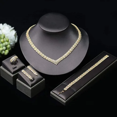 Vista 4 de Jorsnovs Juego de 4 piezas de joyería de boda de Dubai con forma de hojas de circonita cúbica collar de fiesta pulsera aretes colgantes y anillos