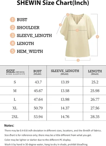 Vista 6 de SHEWIN Blusa casual de gasa con cuello en V para mujer, holgada, manga 34, plisada, holgada