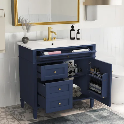 Vista 15 de Virubi Tocador de baño de 30" con fregadero de cerámica, gabinete de almacenamiento moderno
