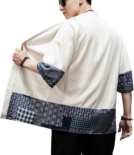 Vista 7 de PRIJOUHE Men's Kimono Jackets Cardigan Lightweight Casual Cotton Blends Linen Seven Sleeves Open Front Coat Outwear