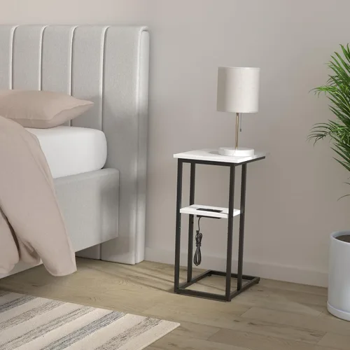 Vista 2 de Innerjoin Mesa auxiliar con estación de carga, juego de 2, mesa auxiliar en forma de C con tira de luz LED, puertos USB A y C de carga rápida, mesa