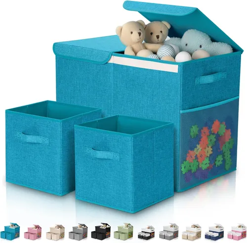 Vista 16 de Paquete de 3 Cajas Grandes de Almacenamiento de Juguetes de 23" con Cubos Contenedores de 11", Organizador Cofre de Juguetes Plegable con Tapas