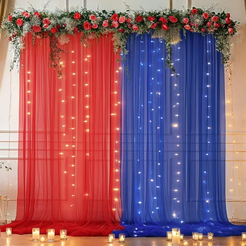 Vista 44 de Cortina de telón de fondo de tul negro de 10 x 10 pies con cadena de luces para fiestas, cortinas de fondo de fotos transparentes para bodas