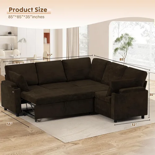 Vista 3 de Sofá modular de felpilla de 85 pulgadas con cama extraíble y Marrón