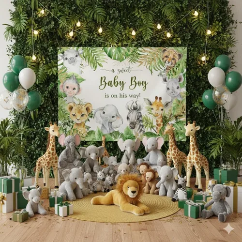 Vista 2 de Telón de fondo de 7 x 5 pies con diseño de animales de safari de la selva para baby shower, baby shower, para bebé, niño está en camino, es un niño