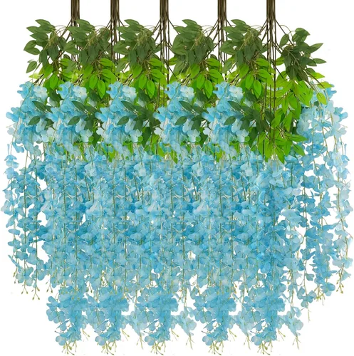 Vista 30 de Paquete de 5 guirnaldas de flores colgantes de glicina rosa, enredaderas de flores artificiales de 3.77 pies, glicinia falsa, guirnalda colgante