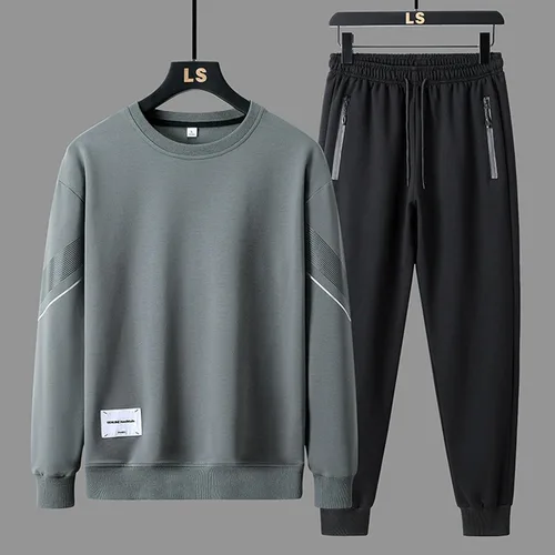 Vista 2 de Conjunto deportivo 2023 para hombre, 2 piezas, talla grande, cuello redondo, sudadera con pantalones deportivos, conjuntos elegantes y casuales