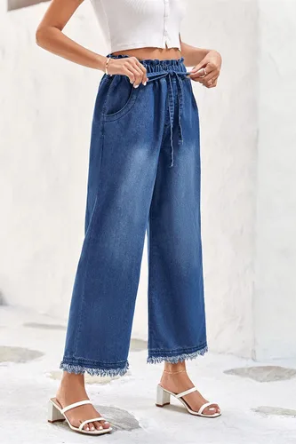 Vista 2 de Valphsio Pantalones de mezclilla holgados de pierna ancha para mujer, cintura con lazo en la cintura, culottes de cambray, pantalones con borlas