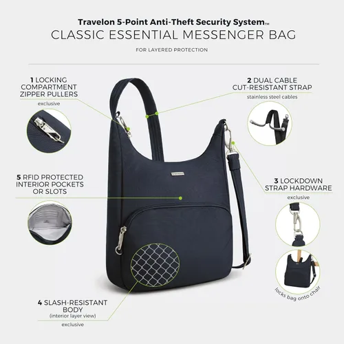 Vista 3 de Travelon Bolsa de mensajero esencial clásica antirrobo Negro