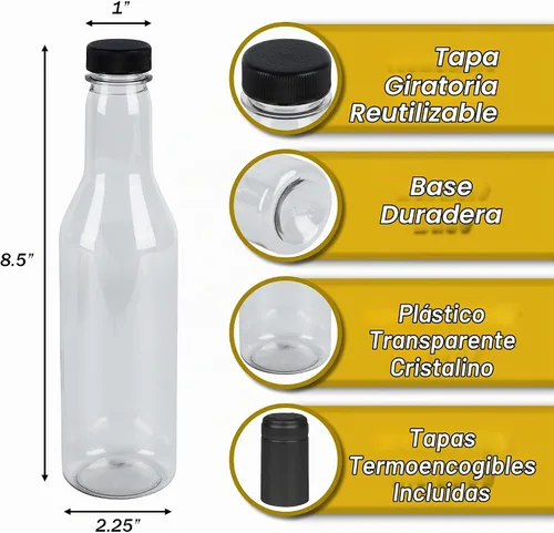 Vista 2 de Pellah - Botellas y tapas de plástico PET, 12 onzas, 12.7 fl oz, con tapas de cierre de tornillo y sellos termorretráctiles negros, para salsa