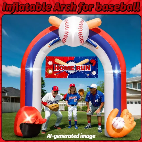 Vista 5 de Arco inflable gigante de béisbol de 9 pies para decoración de fiesta de campo de béisbol Baseball Blow-Up With Home Run Banner 1 Blower and 5