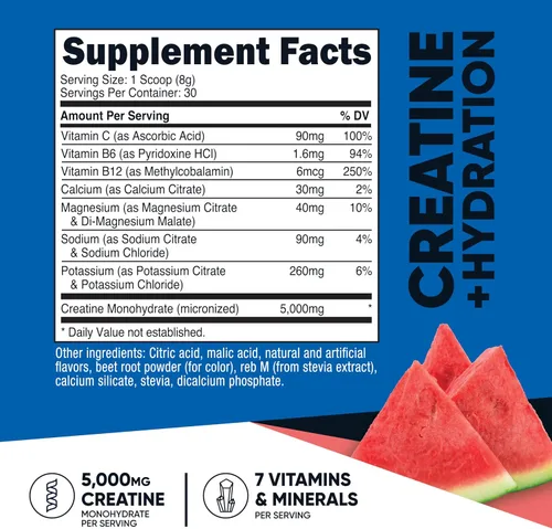 Vista 2 de Nutricost Monohidrato de creatina + hidratación con sabor a sandía (30 porciones) – 7 vitaminas y minerales, 5000 mg de creatina por porción