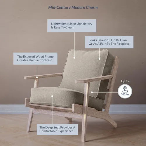 Vista 7 de BELLEZE Silla moderna de mediados de siglo con marco de madera resistente, silla tapizada de lino, fácil montaje, cómoda silla decorativa para sala