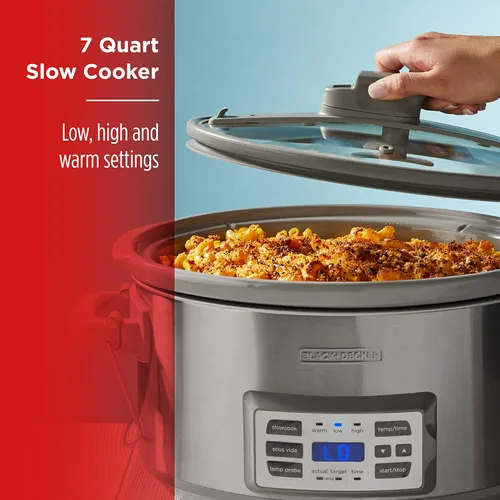 Vista 4 de Black + Decker Olla de cocción lenta digital de 6.6 L, SCD7007SSD, sonda de temperatura, Sous-Vide, tapa con bloqueo, olla de cerámica extraíble